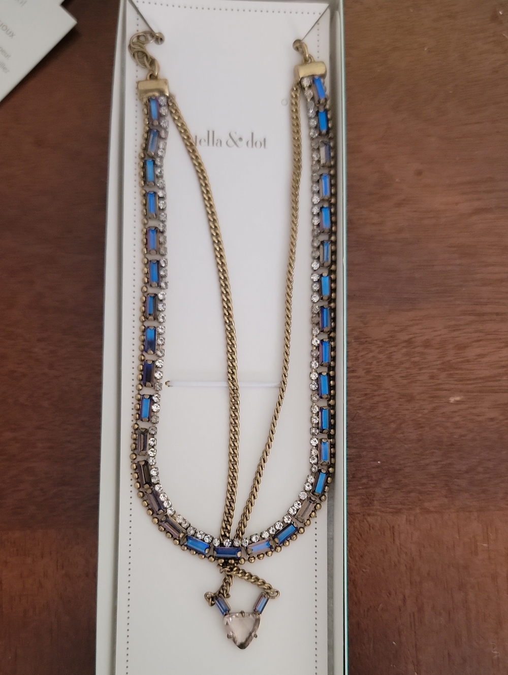 Stella & Dot Gold-Tone Double Strand Necklace with Blue and Clear Stones